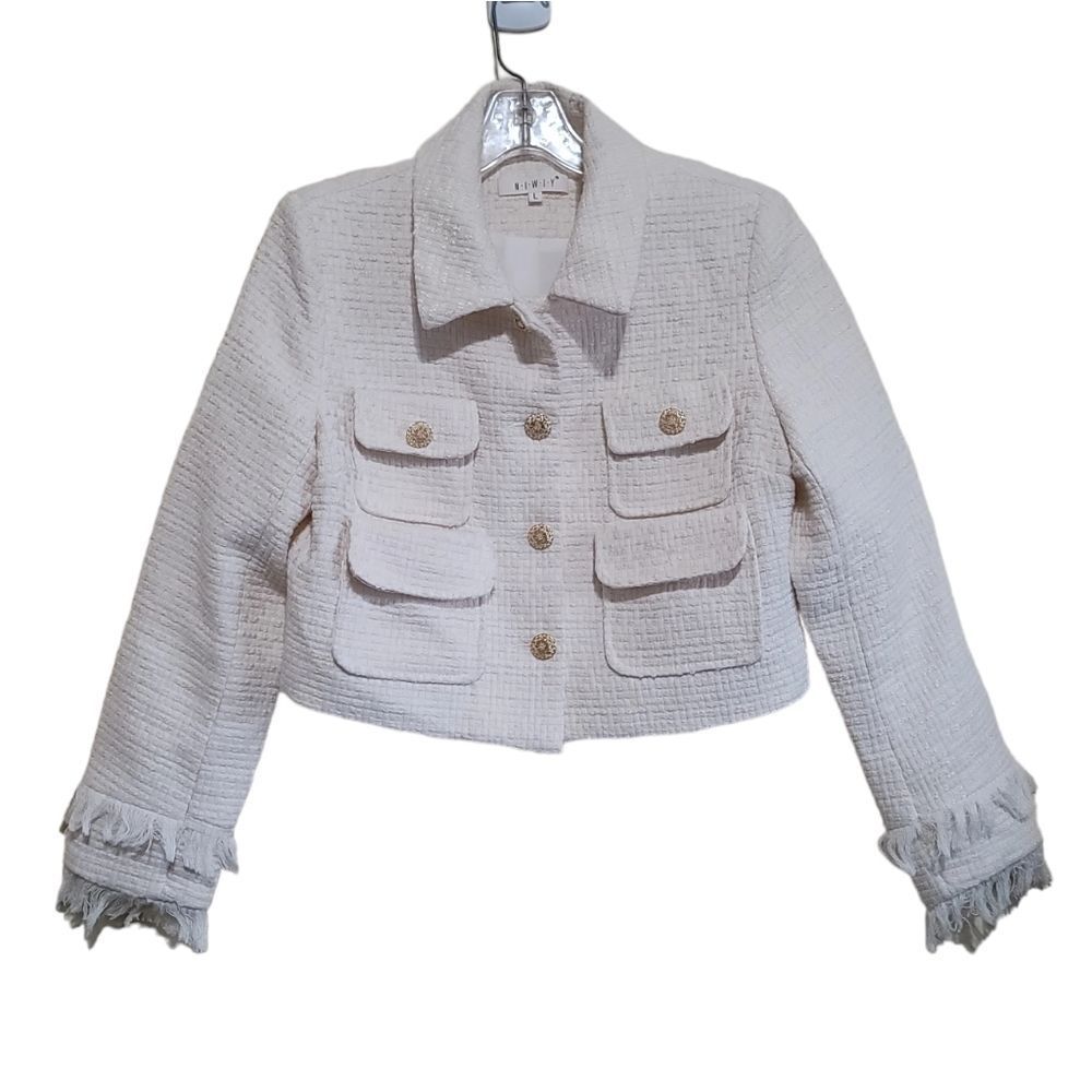 Niwiy Women's Cream Tweed Fringe Jacket with Pockets